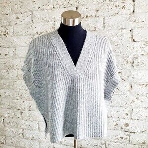 DKNY Pure Cropped Grey Sweater Cozy Fall Poncho NormCore Oversized V-Neck SZ M/L